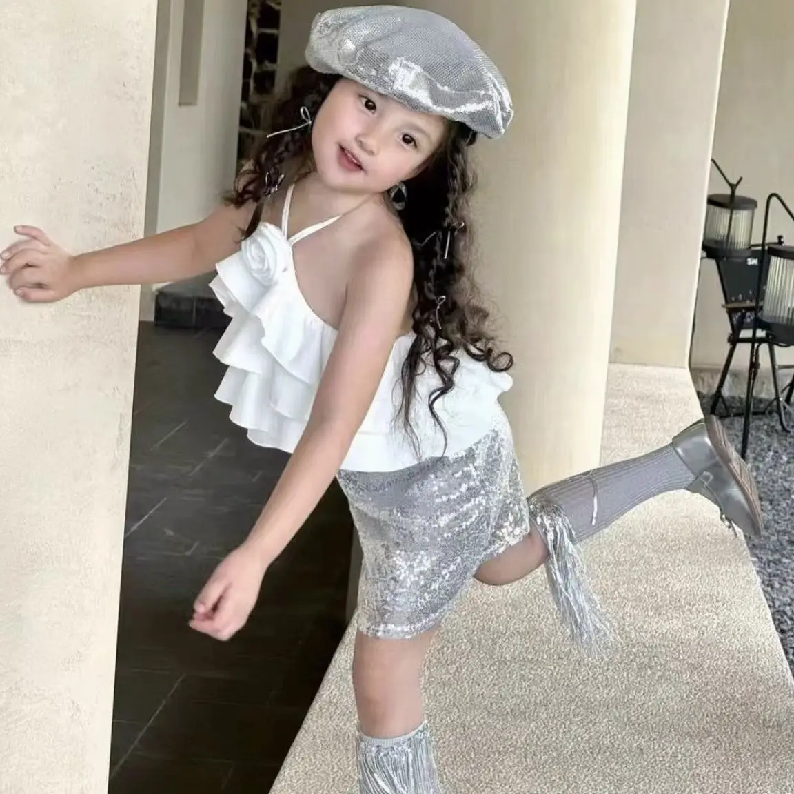 Cute and Sweet Suspender Neck Hanging Set for Girls Performance Rose Ruffle Edge Neck Hanging Top Sequin Skirt Two Piece Set