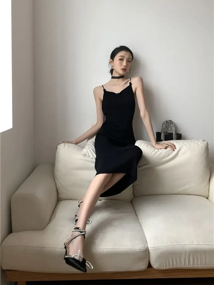 CHEERART Backless Butterfly Elegant Long Sexy Dress Women Summer Spaghetti Strap Black Bodycon Ladies Midi Night Club Dress