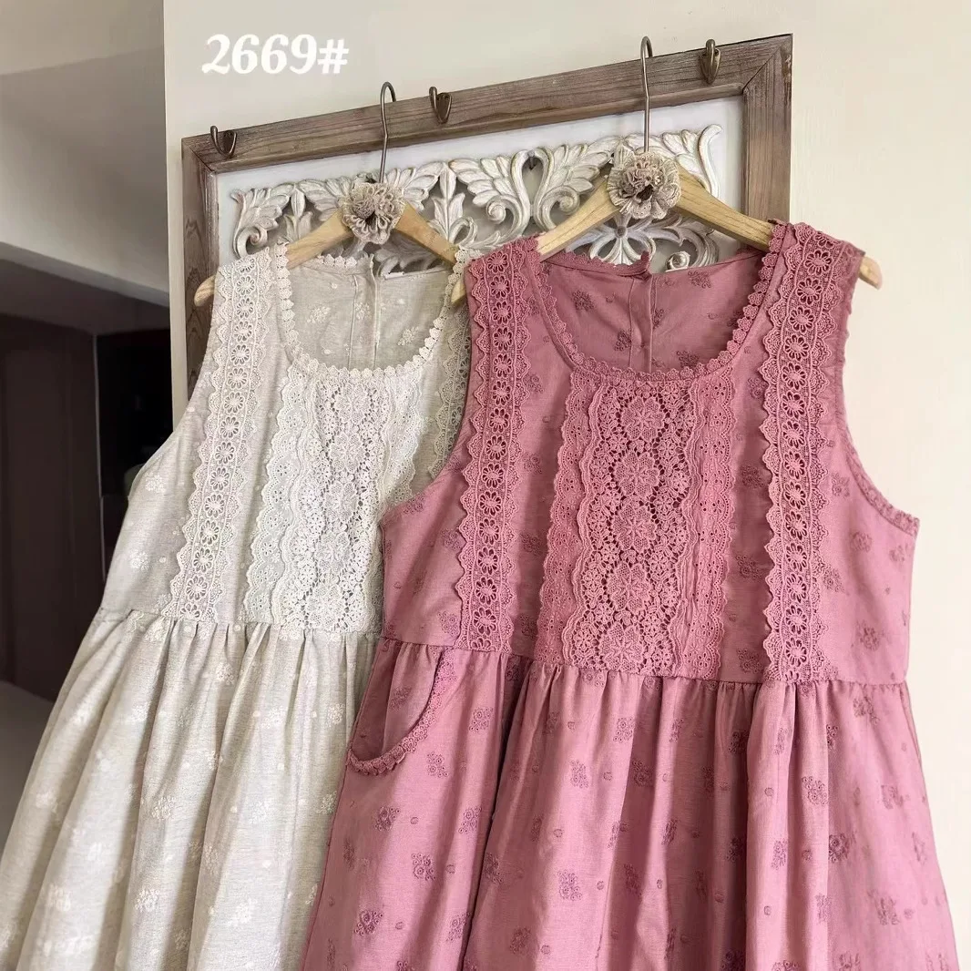

Vintage Mori Girl Floral Printed Embroidery Cotton Linen Tank Dress Women Summer New O-Neck SLeeveless A-Line Midi Dresses