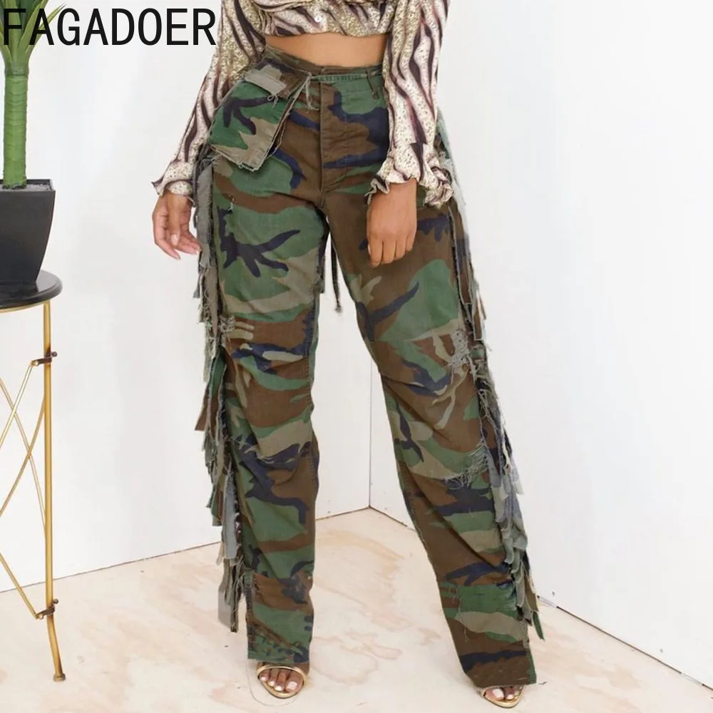 

FAGADOER Fashion Camouflage Tassels Streetwear Women High Waist Button Pocket Trousers Casual Female Straight Bottom Autumn 2023