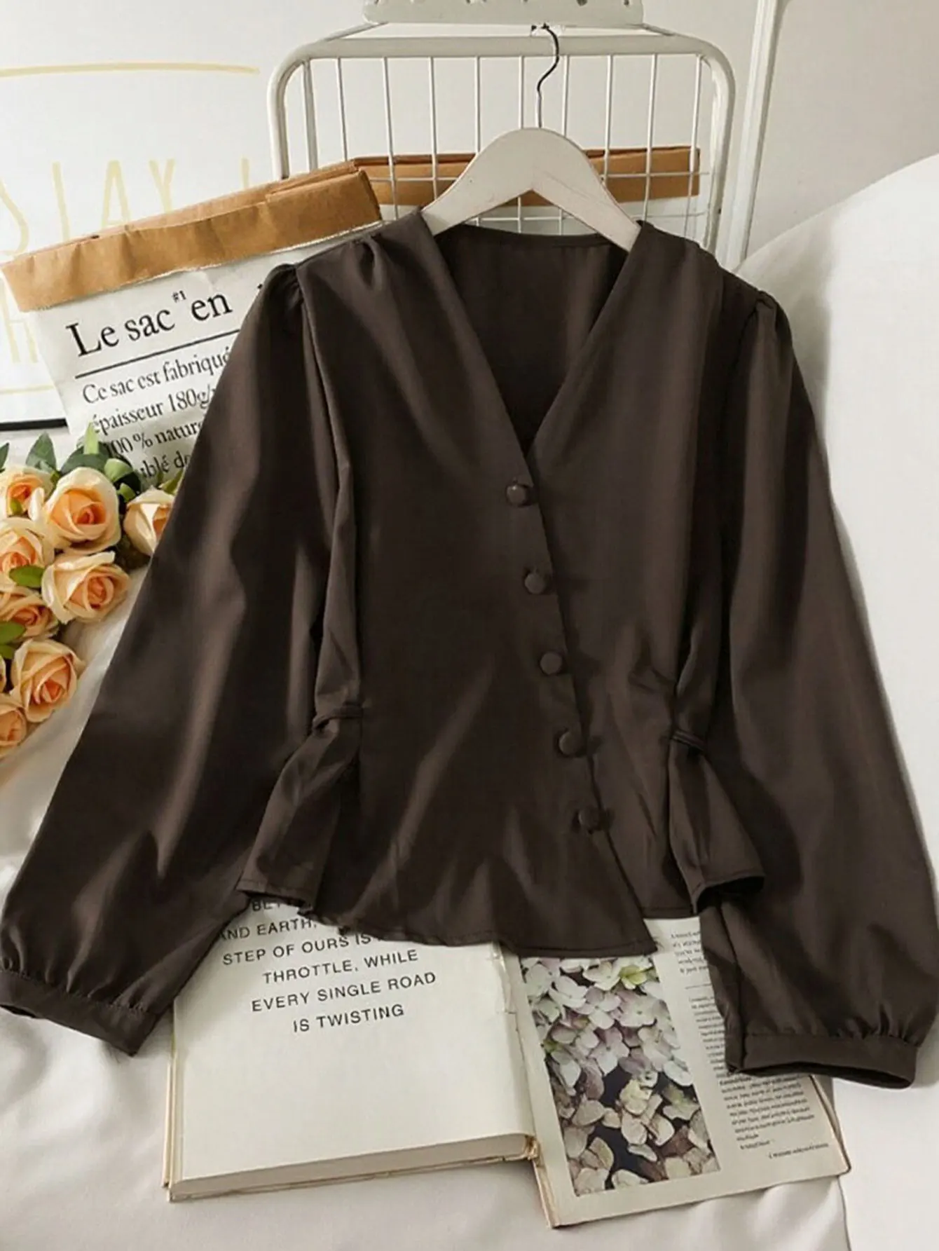 여성용 2025 편안한 가을 셔츠 긴 소매 브이넥 단색 버튼 데일리 레귤러 핏 셔츠