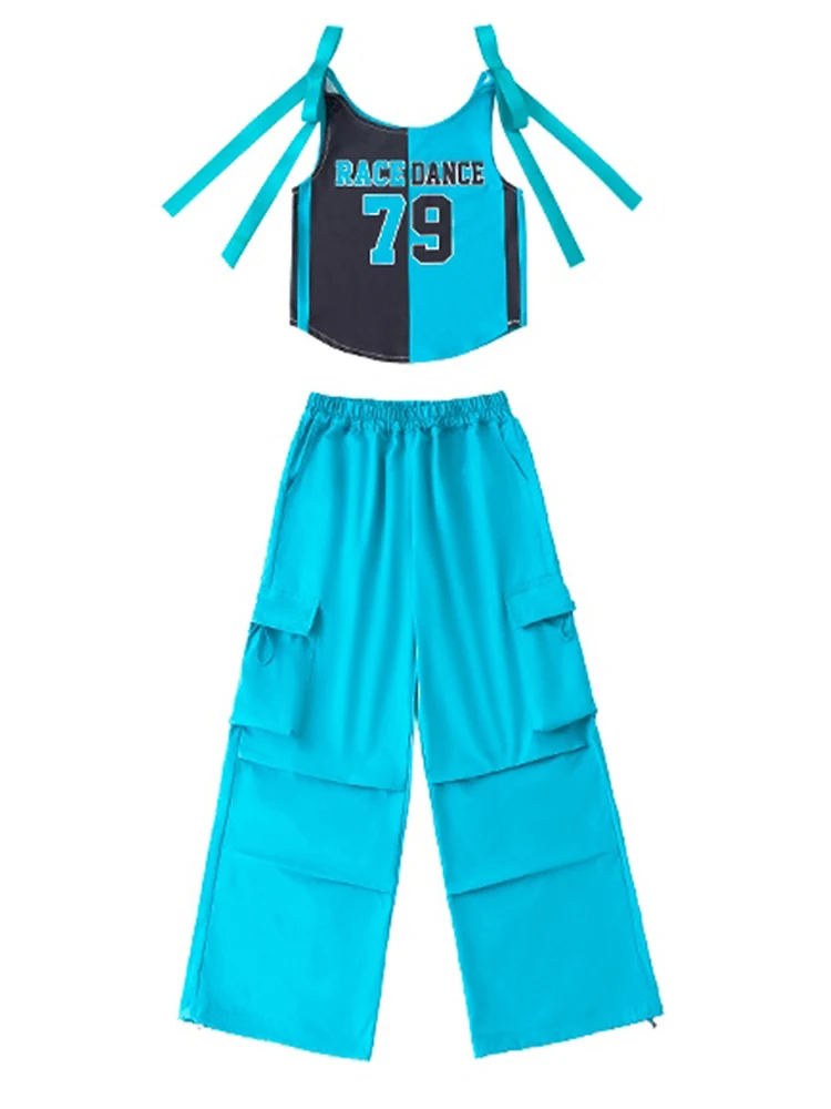 Costume da ballo Jazz abbigliamento per ragazze top ombelico blu pantaloni Cargo larghi bambini abiti Hip Hop vestito da spettacolo teatrale moda BL13274