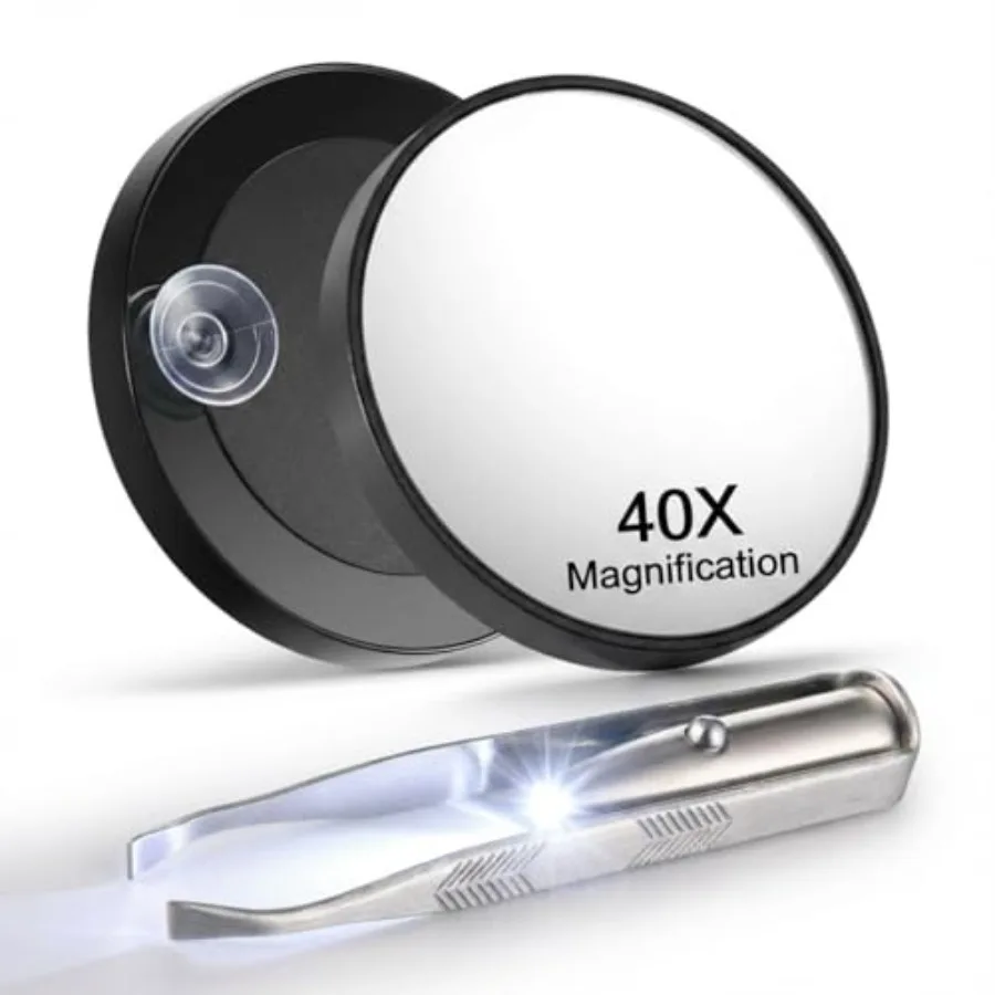 LED Lighted Tweezers and 40X Magnifying Mirror with Suction Cup Set, 2 in 1 Hands-Free Makeup Mirror with Light and Precision L