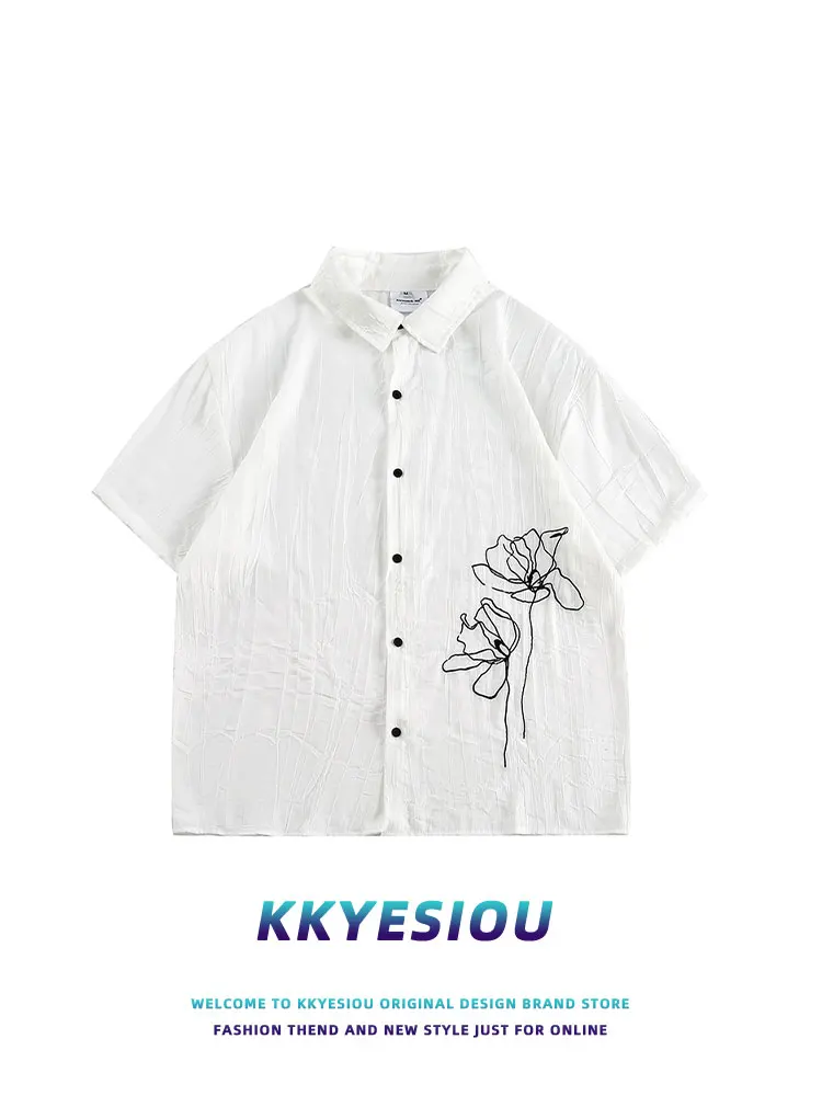 

KKyesiou Chinese Sle Rose Embroidery ort Sve Casual irt Men's Turn-down Collar Top Summer Faion Youth Trend