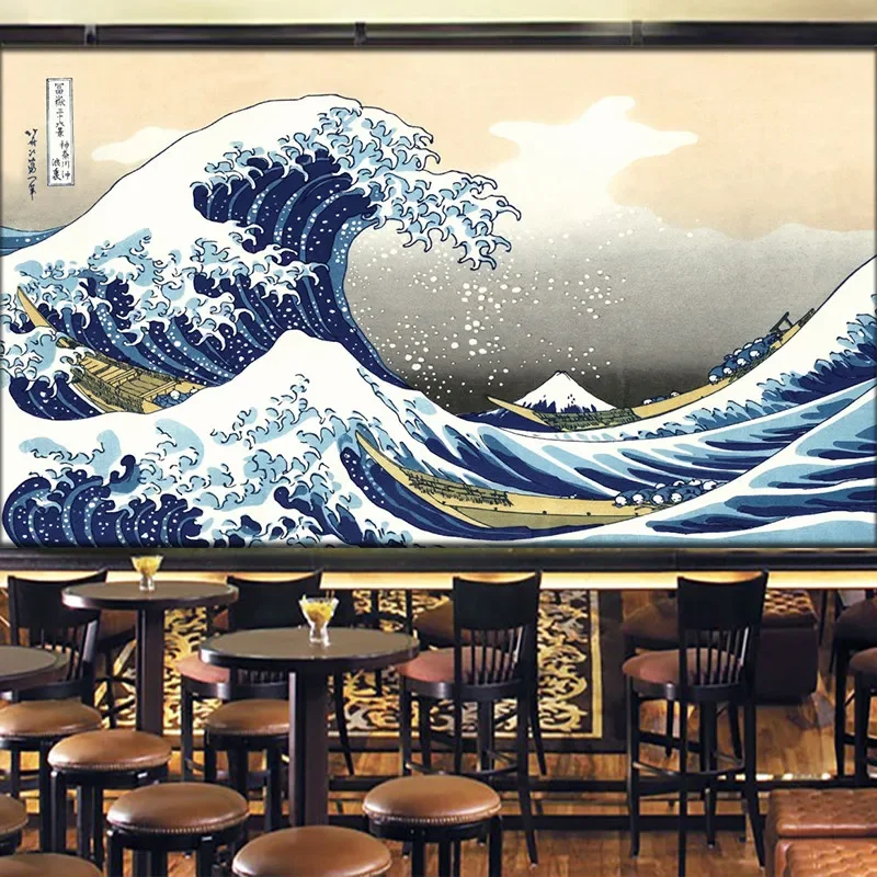 Papel tapiz de fotos HD de olas grandes ukiyo-e japonés y fondo de viento, papel de pared 3D para cocina japonesa, decoración de restaurante de Sushi