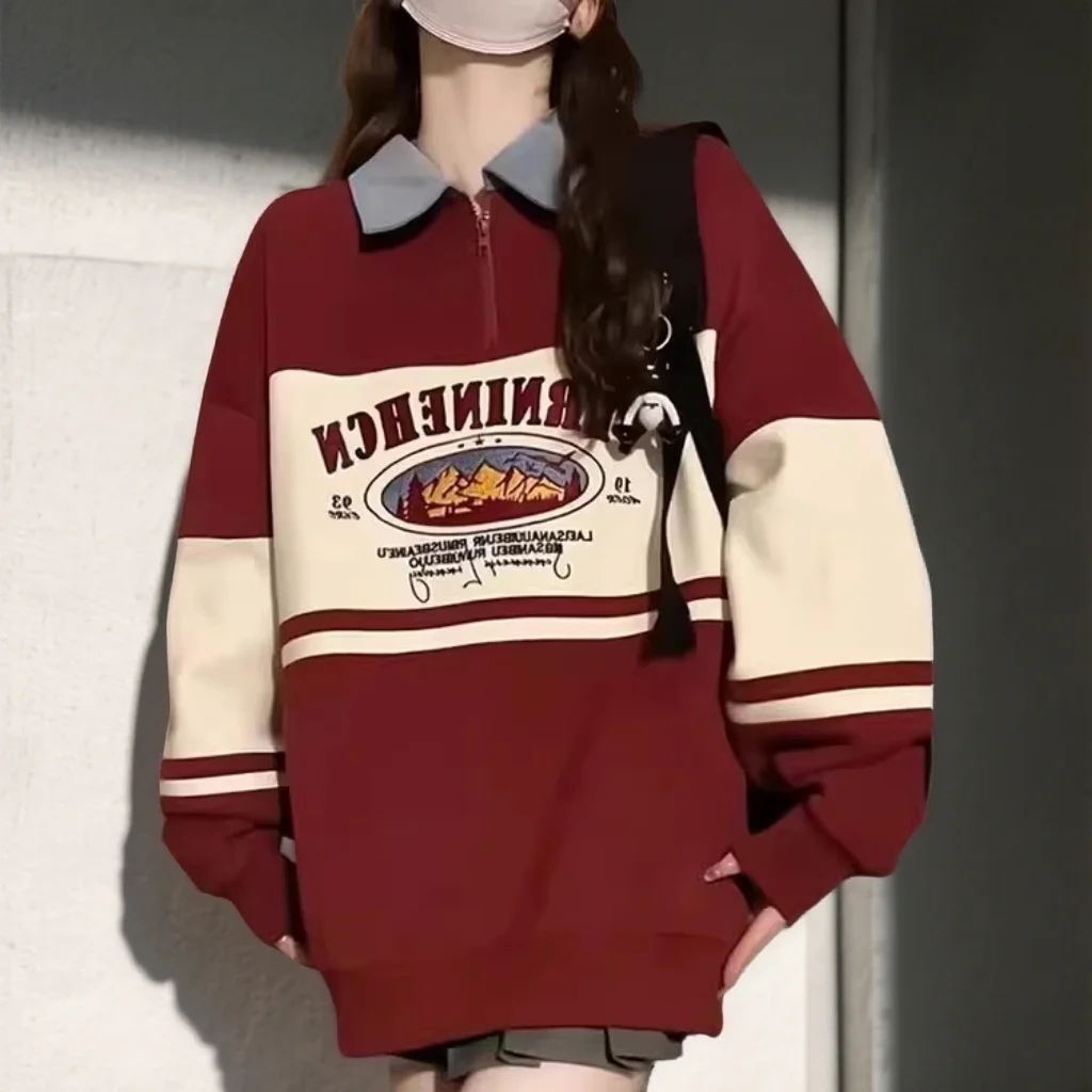 

Faionable Color Blo Design Large Size Women's Fce Lined Sweatirt Sweet Youthful Print Korean Sle Top