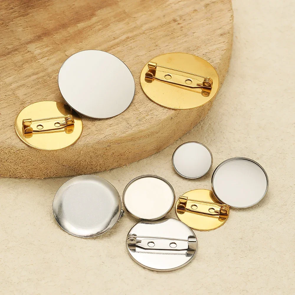 10pcs Stainless Steel 15-30mm Gold Brooches Cabochon Cameo Settings Bezel Disc Base Blank Tray for DIY Jewelry Findings Making