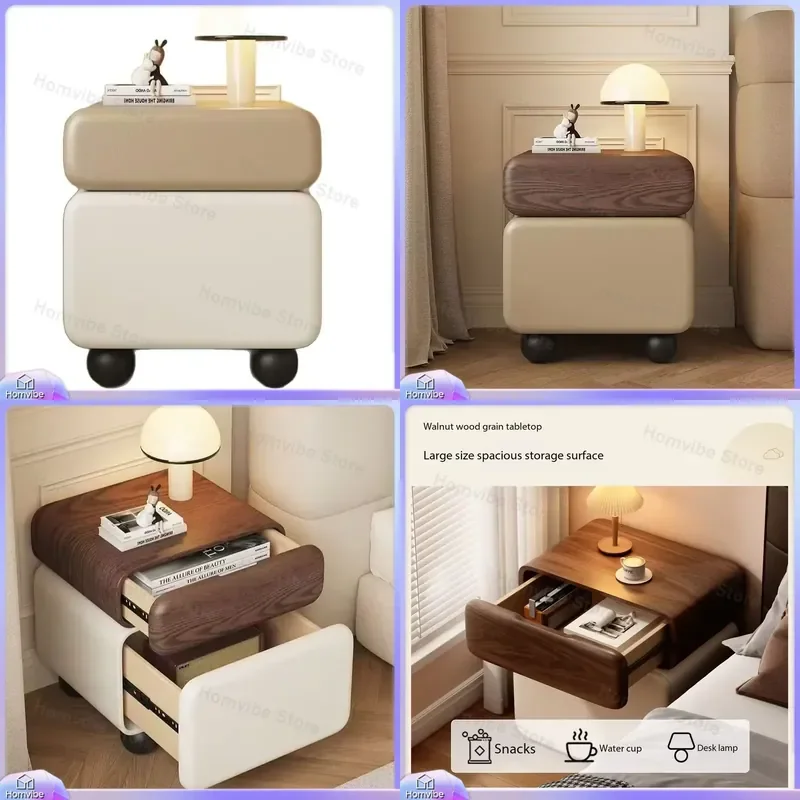 

Modern Wooden Bedside Table with Drawers Wheels and Walnut Veneer Top for Bedroom Living Room Small Space Storage Nightstand