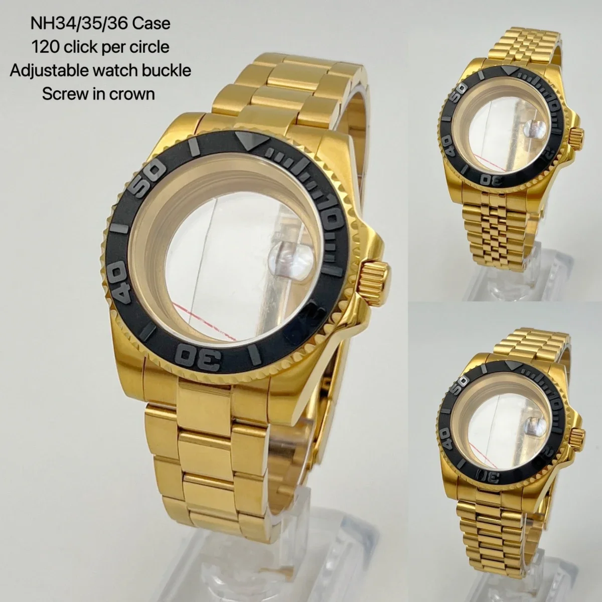 

40mm NH35 Watch case gold plated oyster jubilee president strap bracelet black yacht bezel watchproof for NH34/NH36 movement