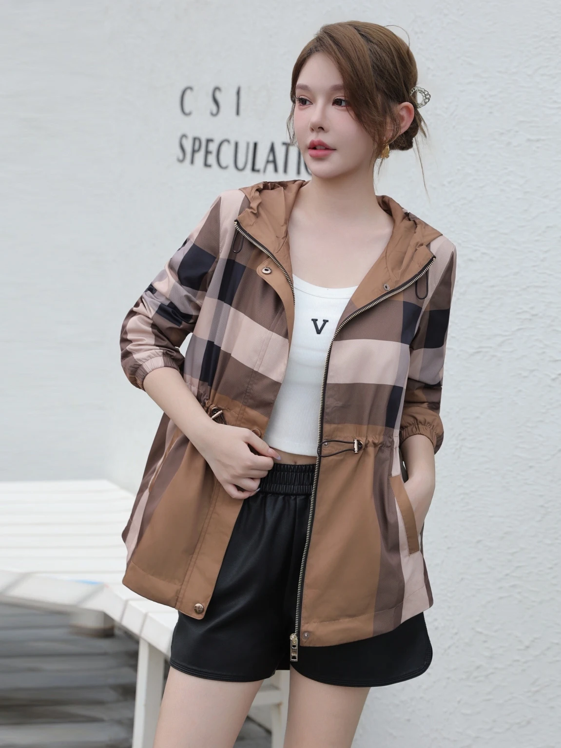 ربيع الخريف سيدة مخطط معطف مقنع غير رسمي متوسط طول Faionable Briti Sle ألياف البوليستر رقيقة طويلة Sve سستة