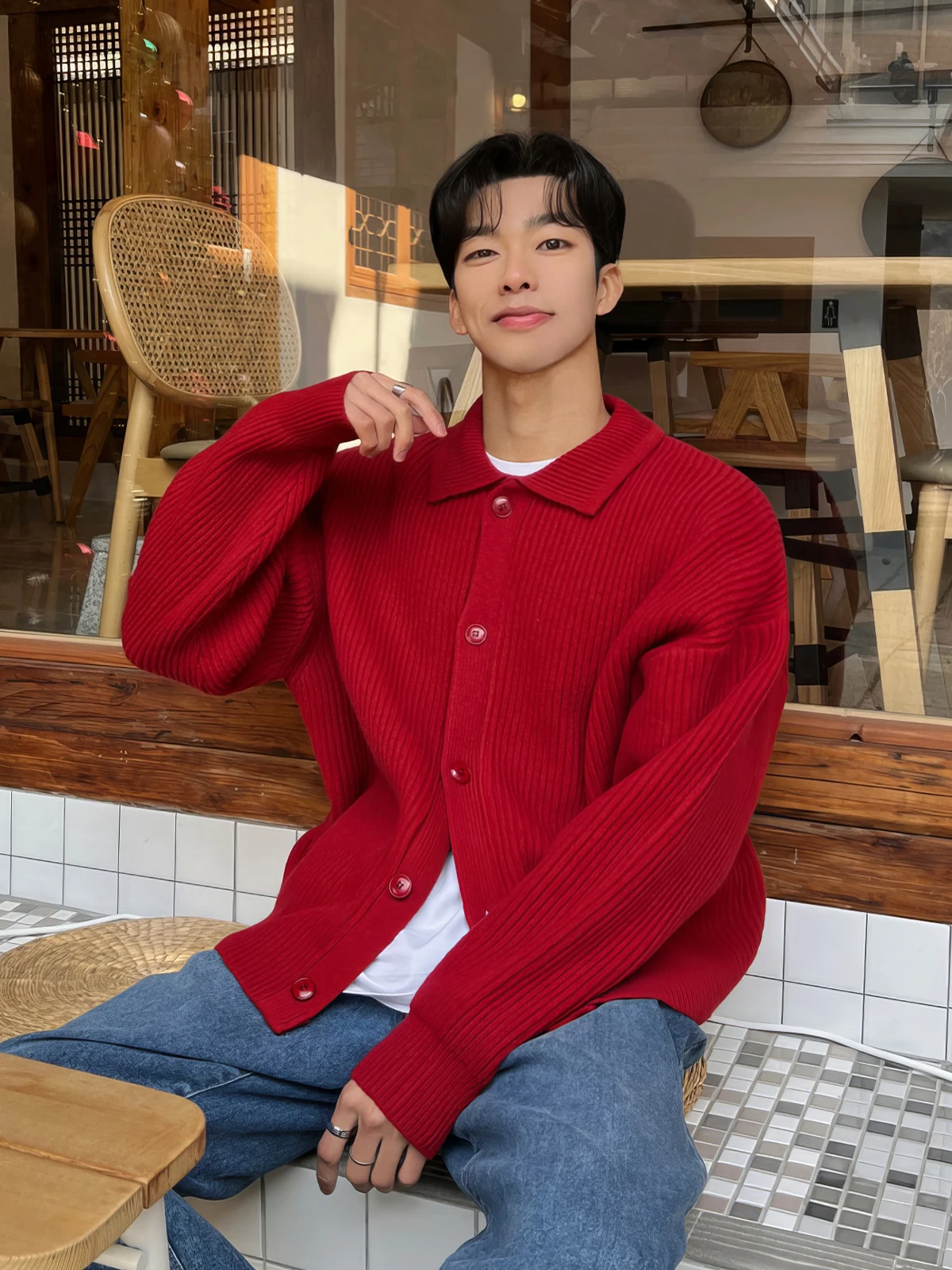 

Luy Year большой красный отложной воротник открытый кардиган свитер мужской весенне-осенний корейский Sle ленивый праздник моины вязаный O...