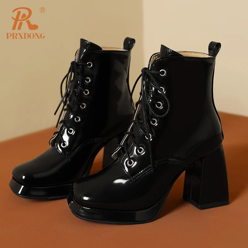 PRXDONG New Brand Quality Leather Chunky High Heels Lace Up Black Beige Dress Party Work Female Autumn WInter Ankle Boots 34-45