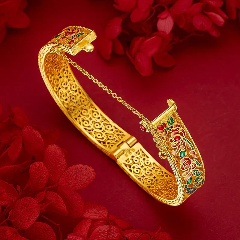 9999 real gold 24K yellow gold Ancient silk hollow flower and bird bracelet senior ladies bracelet