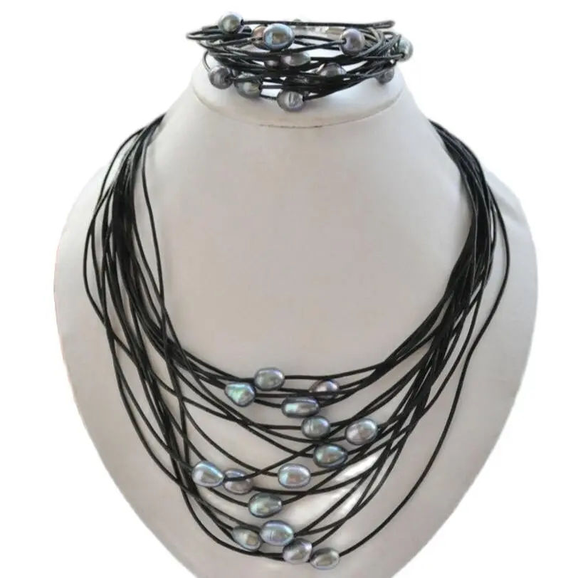 

hot sell new - wholesale 15row 10-12mm black rice pearl black leather necklace bracelet