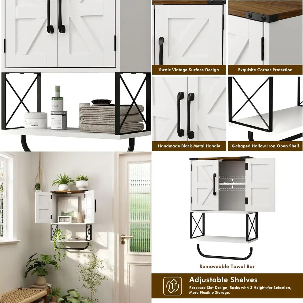 

Rustic Barn Door Medicine Cabinet with Dark Brown Top, Wall-Mounted Storage, Adjustable Shelf, and Towel Bar for Bathroom (White