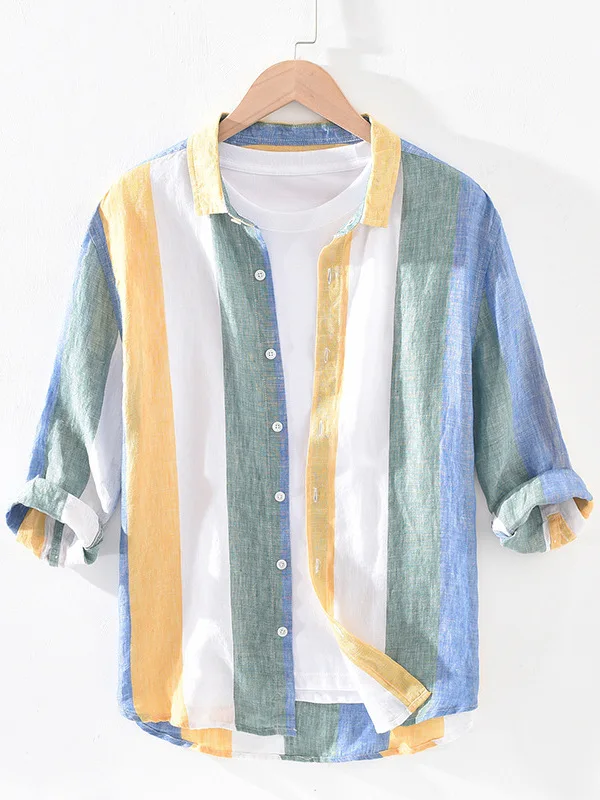 

Men's Pure Linen Summer Thin ort Sve irt Stripe Pattern Loose Fit Faion Urban Sle Breathable Comfortable Casual irt