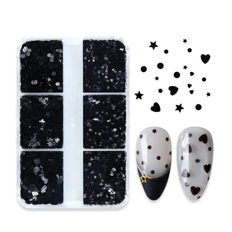 6 Grids/Box Round Black Dot Nail Art Glitter Sequins Vintage Manicure Star Heart Shape Shiny Nails Charms Decoration Accessories