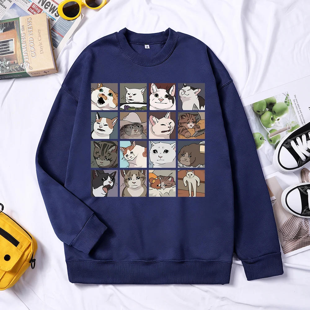 

Мужской свитшот с принтом Meme Cats 2,0, флисовые свободные винтажные пуловеры, осенняя модная футболка, универсальная мягкая одежда унисекс с круглым вырезом