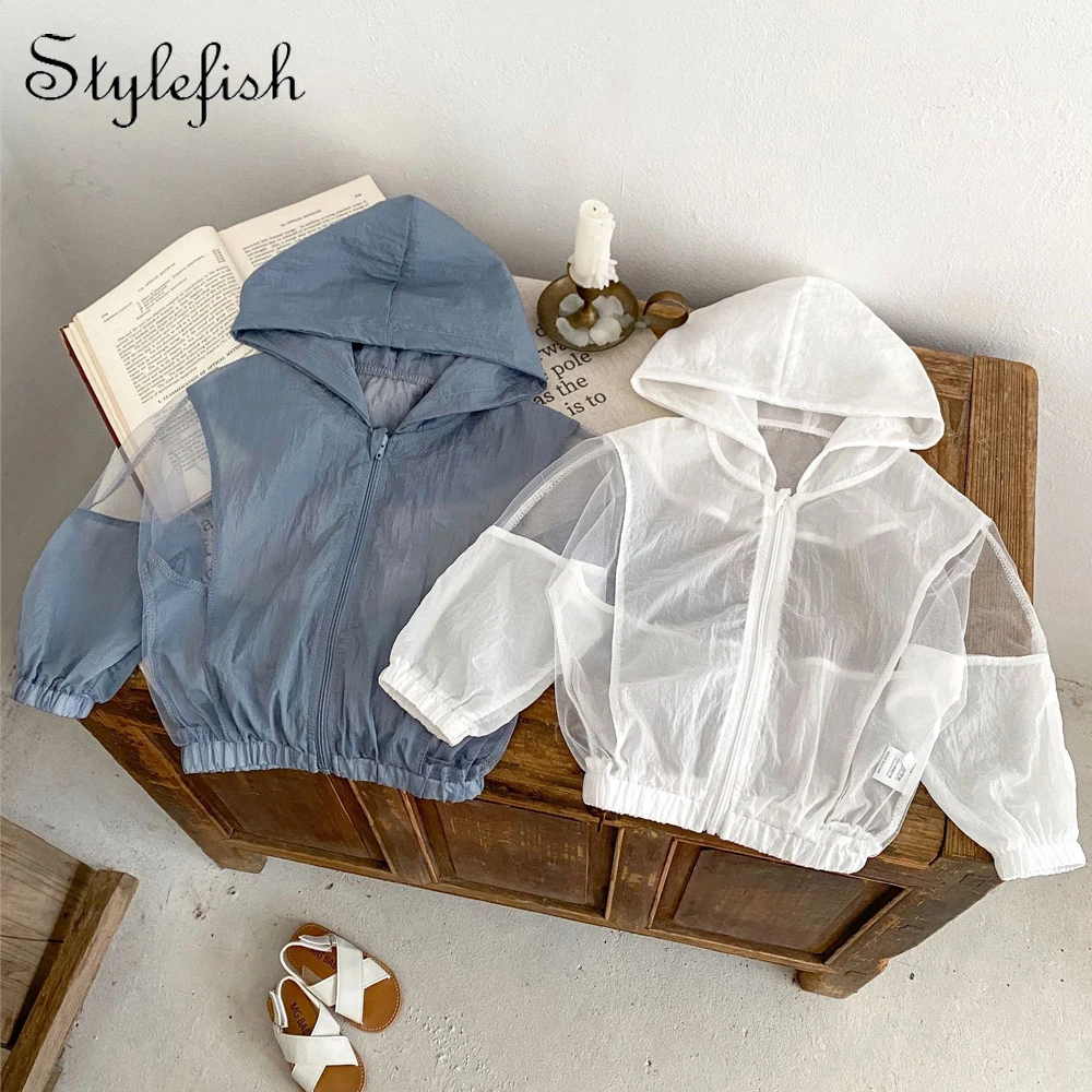 Summer 0-3 Baby Versatile Hooded Mesh Spliced Solid Color Zipper Sun Protection and Breathable Air Conditioning Shirt Small Coat