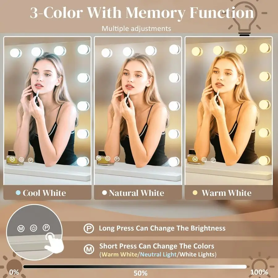 Make-upspiegel, 15 led-lampen, 3 kleurenverlichting, mooie make-up verlichte spiegel, aluminium metalen frame 23 x 18