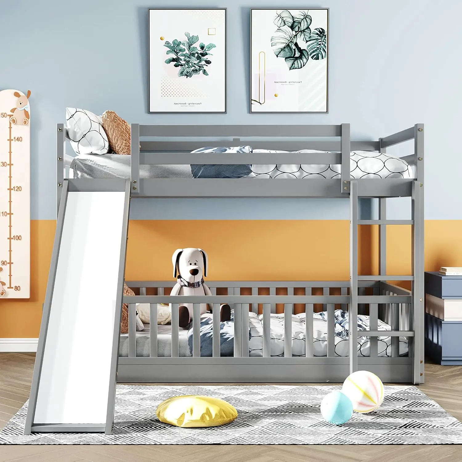 Curry & Bright Design Twin-Over Twin Low Beliche com Slide, Kids Floor Beliche, escada e Guardrail, Beliche de madeira