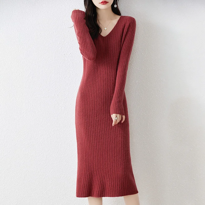 ピュアウールニットセーターのスカート,Vネックのプルオーバー,単色,柔らかくエレガント,長い,女性のための気質,秋冬,新作コレクション