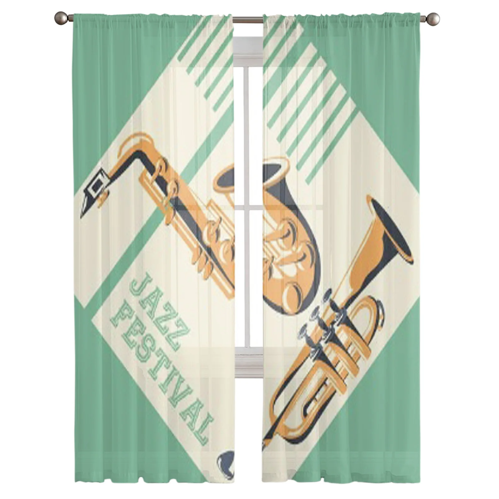 Jazz Festival Poster With Saxophone And Trumpet Instrument Icon Sheer Tulle Window Curtains Voile Drape for Living Room Bedroom