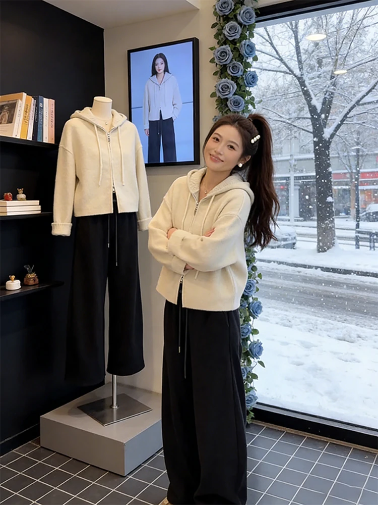 

Женский вязаный кардиган с капюшоном, весна-осень, новинка, на двойной молнии, повседневный, свободный крой, дышащий, с длинными рукавами, цветной