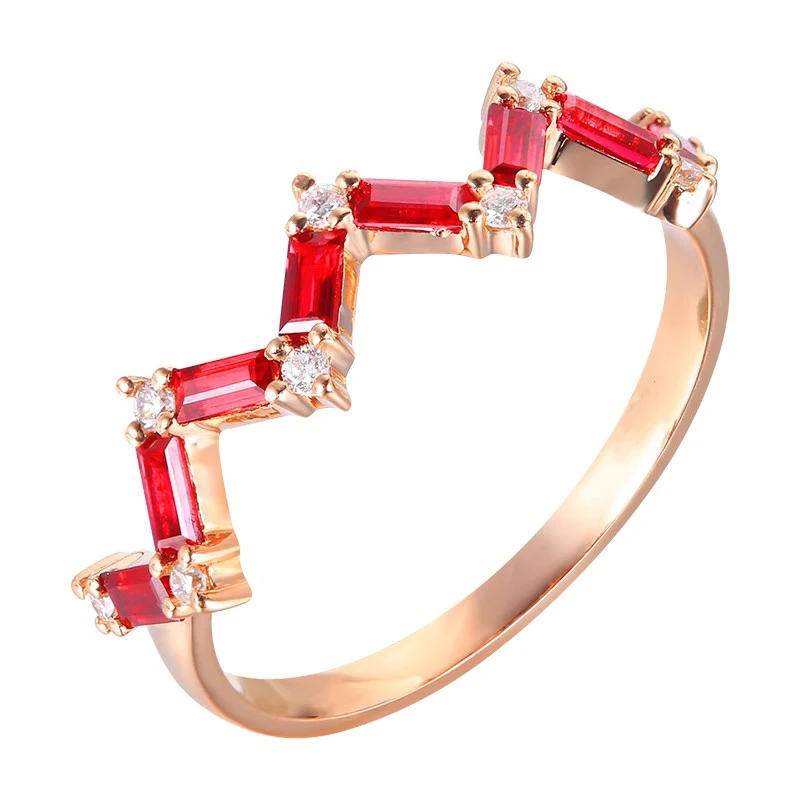 Romantic and Brilliant Fashion Red Gem Small Exquisite Single Row V-shaped Rings for Women Silver Inlay High Sense Party Jewelry