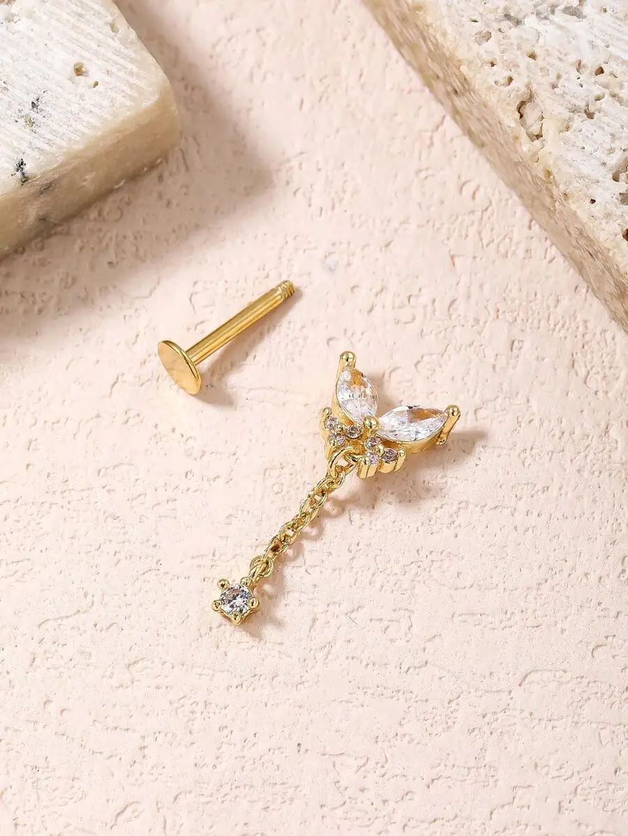 Butterfly Shape Crystal Stud Earring With Chain Dangle For Women Daily Wear