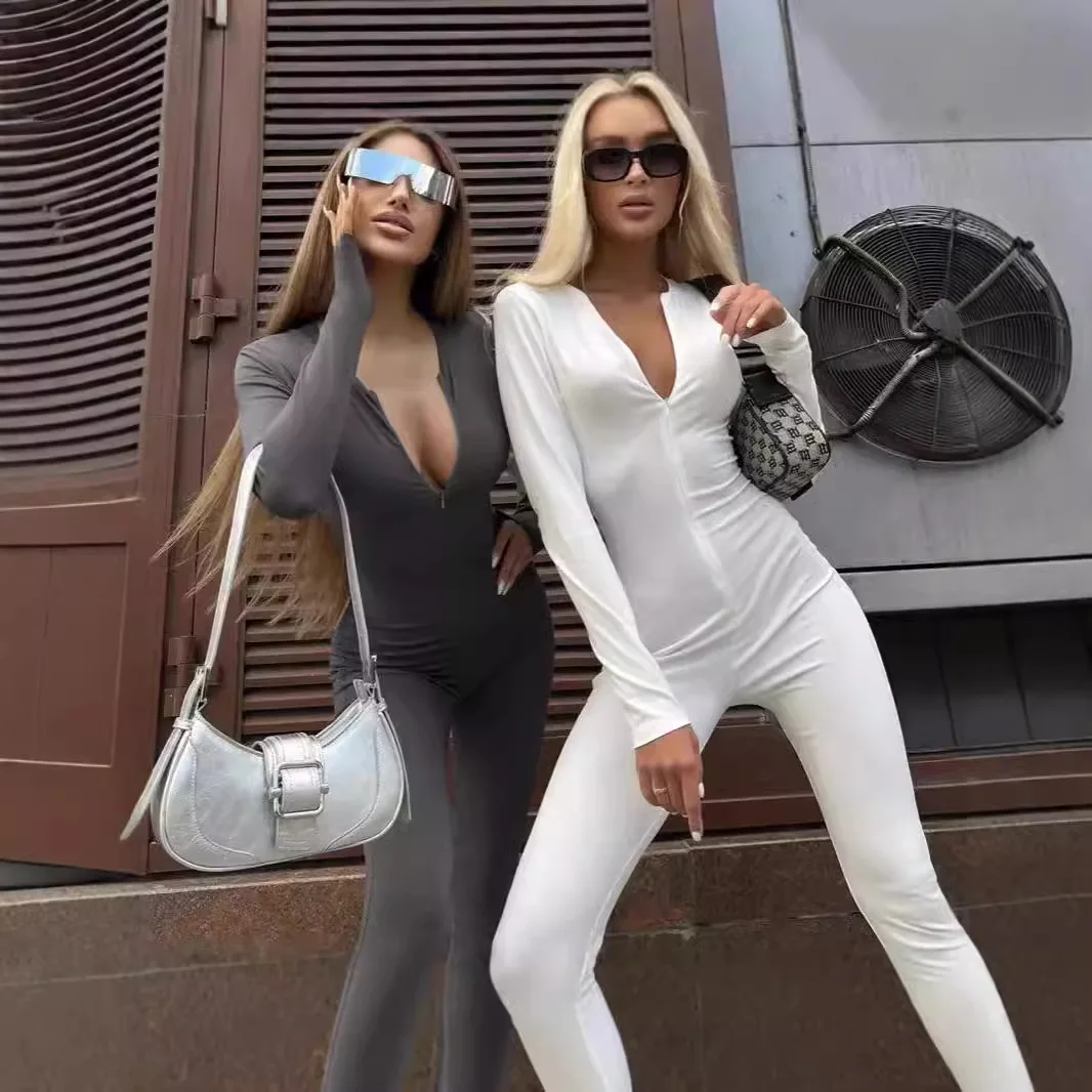 

Облегающий комбинезон с длинными рукавами, осень 2022, женская одежда, модный комбинезон на молнии с высокой талией и подъемом бедер, фитнес