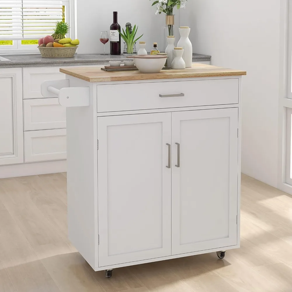 

RASOO Kitchen Island on Wheels White Rolling Trolley Cart Island Cart Storage Cabinet with Rubber Solid Wood Countertop One