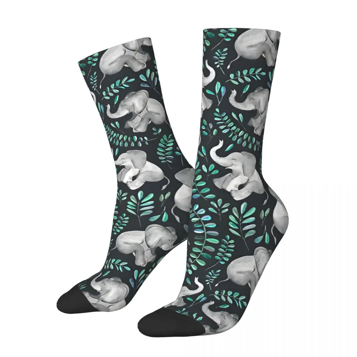 Retro Laughing Baby Elephants  Emerald And Turquoise Men's compression Socks Unisex Harajuku Pattern Printed Novelty Crew Sock