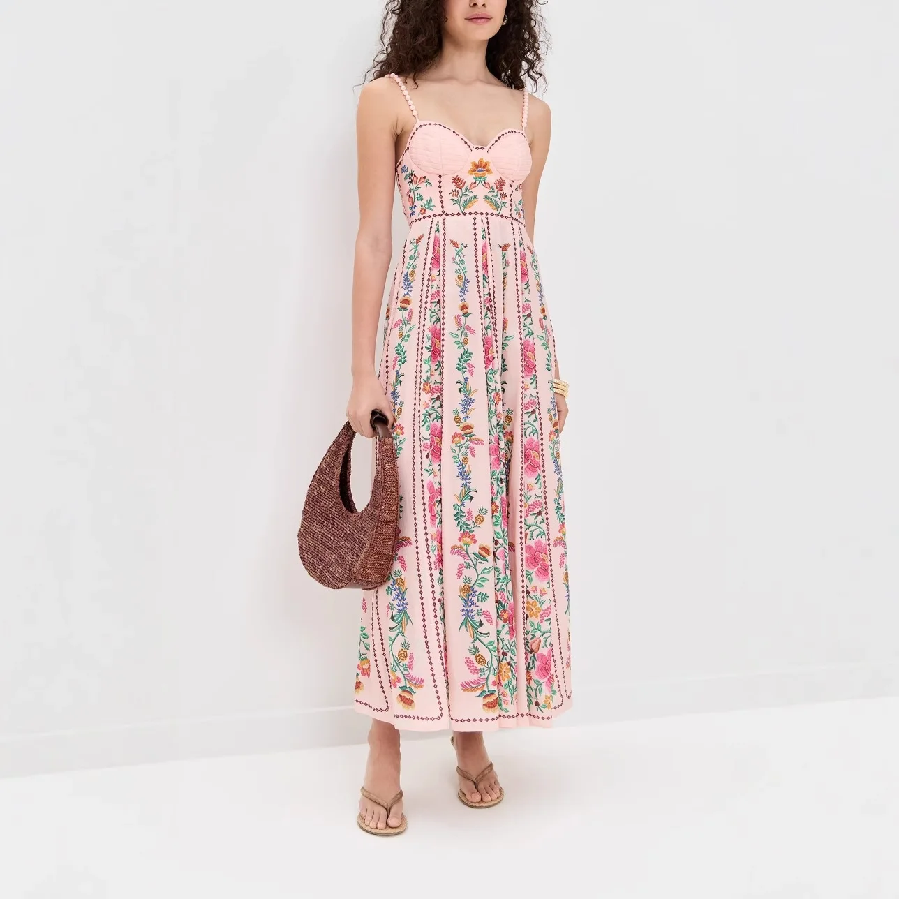 Lange Kleider mit Blumenmuster für Damen, Spaghettiträger, rückenfrei, schmale Passform, ärmelloses Kleid, hohe Taille, Urlaub, bestickte Damen