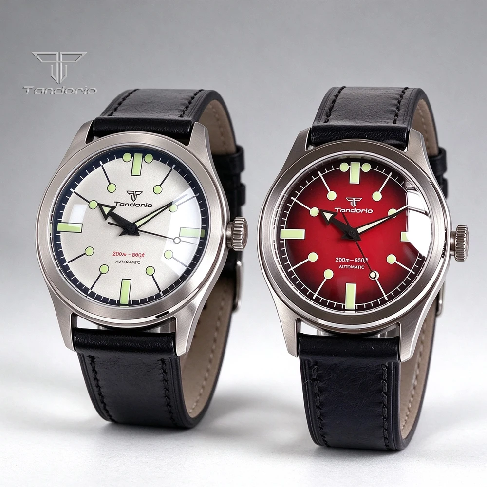 Tandorio 38mm Vintage Coffee White Red Lume Miyota 8215 PT5000 Automatic 200M Dive Men Watch Domed Sapphire Screw Crown Reloj
