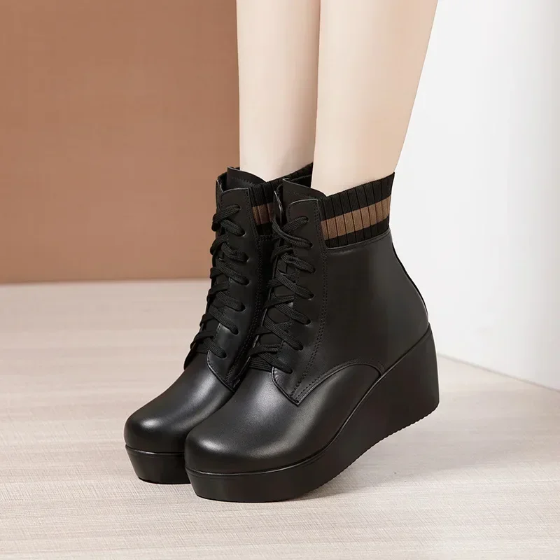 6cm Small Size 32-43 Thick Bottom Soft Leather Platform Wedges Shoes Ankle boots 2024 Winter Flexible Med Heels Boots Office Mom