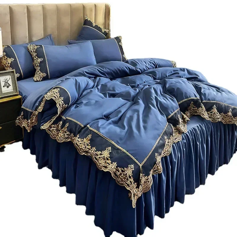 Luxurious Lace Edge Bedding Set with Bed Cover and Bed Skirt Matte Four Piece Set in 1.5m 1.8m European Style