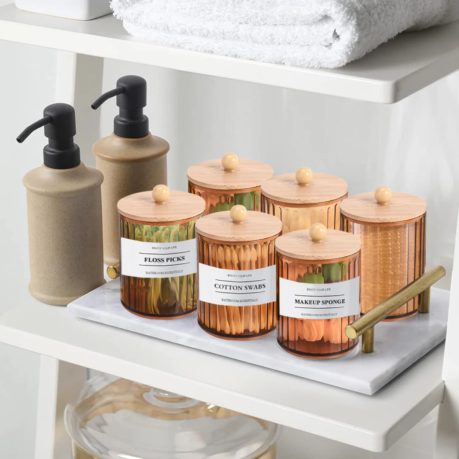 2/3PCS Amber Bathroom Jars with Tray Vanity Office Use Storage Jar Cotton Balls,Clips,Sponges,Floss Pick Apothecary Jars