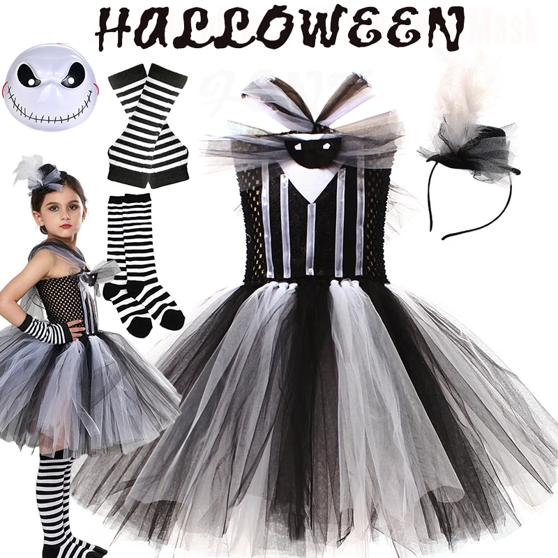 Girls Jack Skellington Halloween Cosplay Costumes Girl Nightmare Before Christmas Clothing Kid Cosplay Carnival Party Tutu Dress