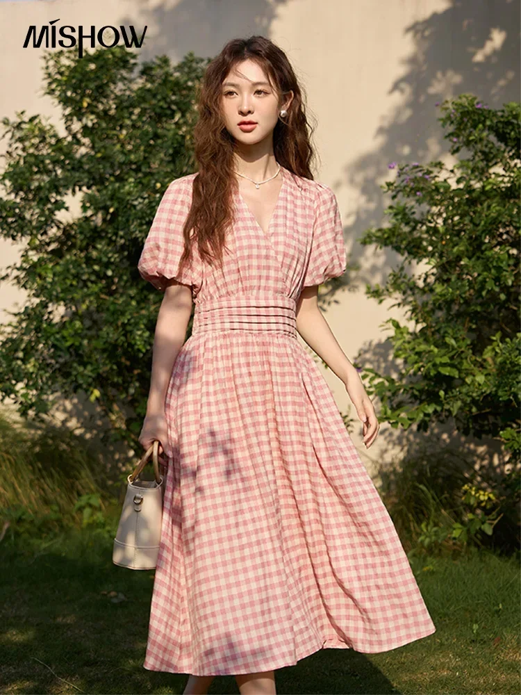 MISHOW Pink Plaid Dress for Women 2023 Summer A-LINE Puff Sleeve V-Neck Retro Pullover Elastic Waist Slim Midi Dress MXC35L1461