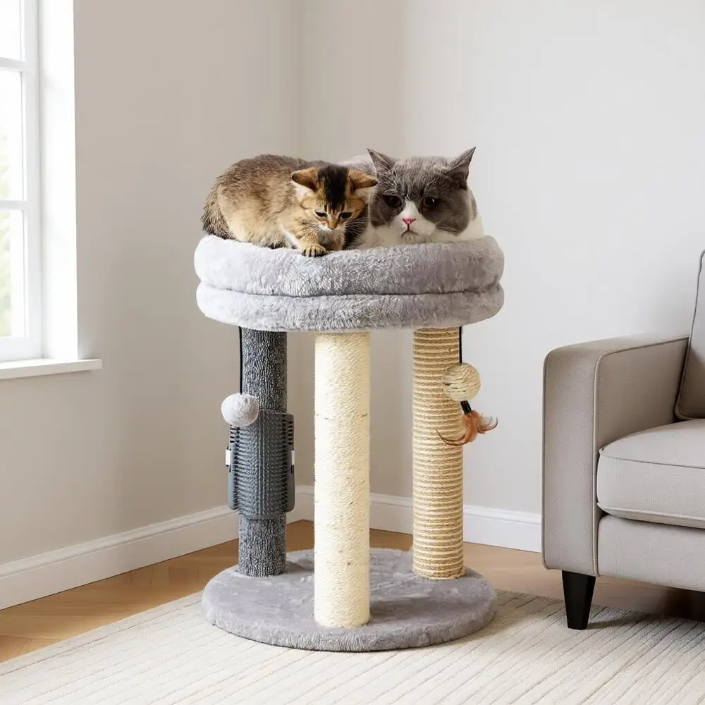 

Многофункциональный кошачий дерево-игровой комплекс 4-в-1: лежанка-башня, стойка для когтеточков из сизаля и джута, три подвесных мячика и массажная щетка