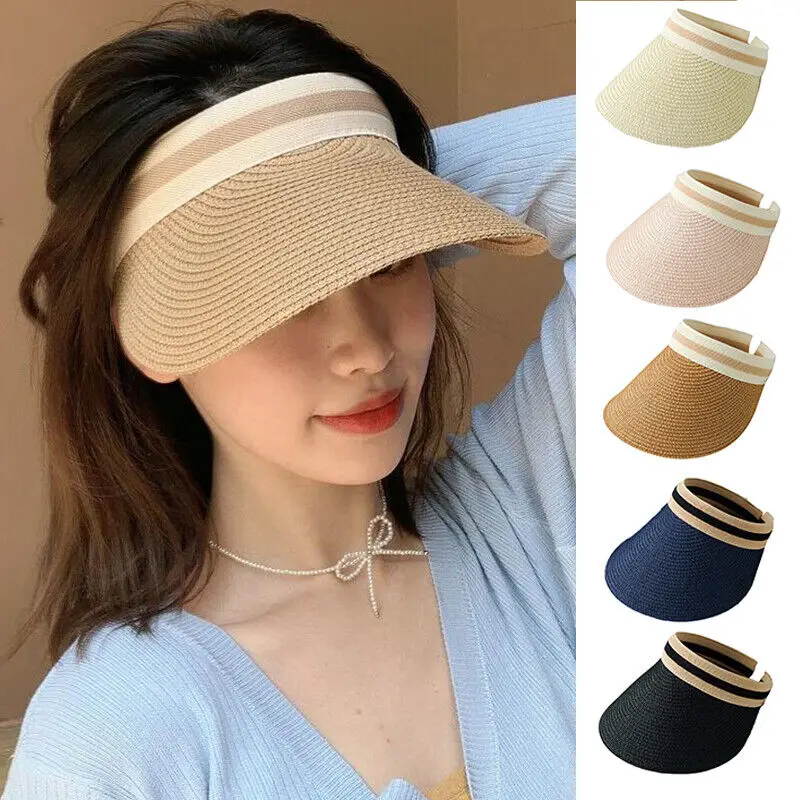 2023 Summer Hat One Size Women Sun Hats Handmade Lafite Grass Straw Visor Caps Empty Top Hat Outdoor Uv Protection Beach Cap