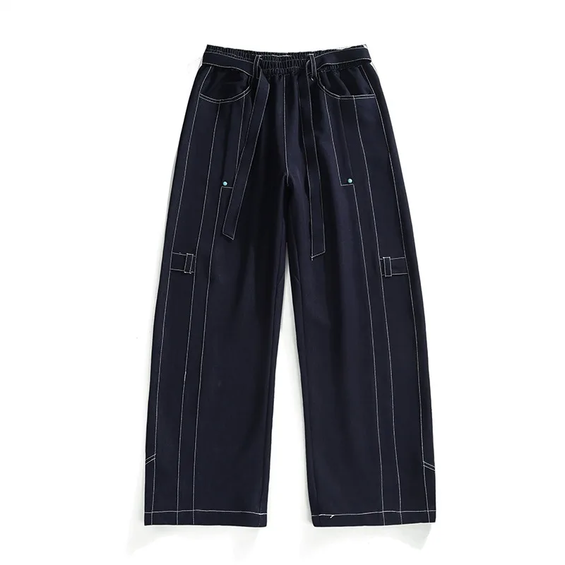 American Street Men Contrast Stitch Wide Leg Pants Long Ribbon Waist Elastic Back Plus Size Casual Bottoms
