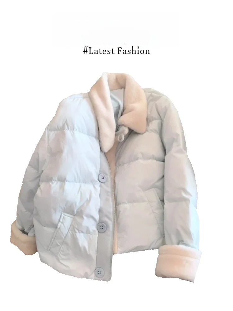 

Parkyeon Winter Thickened Short Cotton Jacket Color Block Warm Outerwear Korean Style Women's Commute Straight Tube Coat