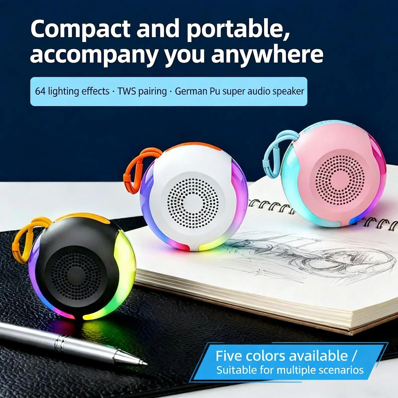 

Mini Portable Bluetooth Speaker with 64 RGB Ambient Lights TWS Pairing, Bass Subwoofer USB/TF Card Support for PC Phone Tablet
