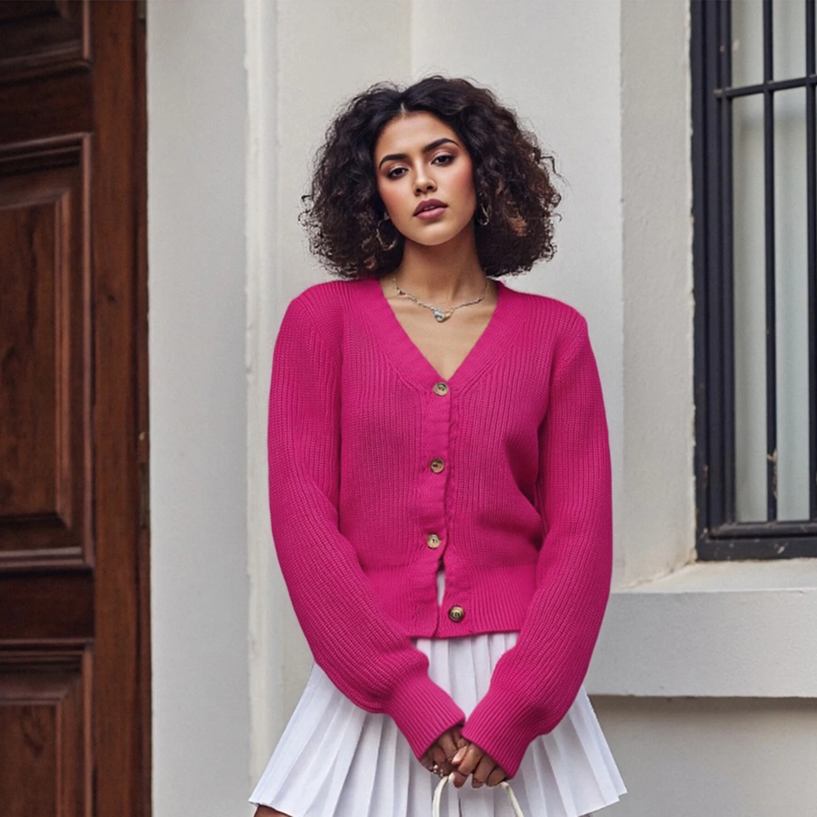 

Women's V Neck Knit Cardigan Basic Long Sleeve Solid Color Button Down Sweater Fall Winter Loose Outwear