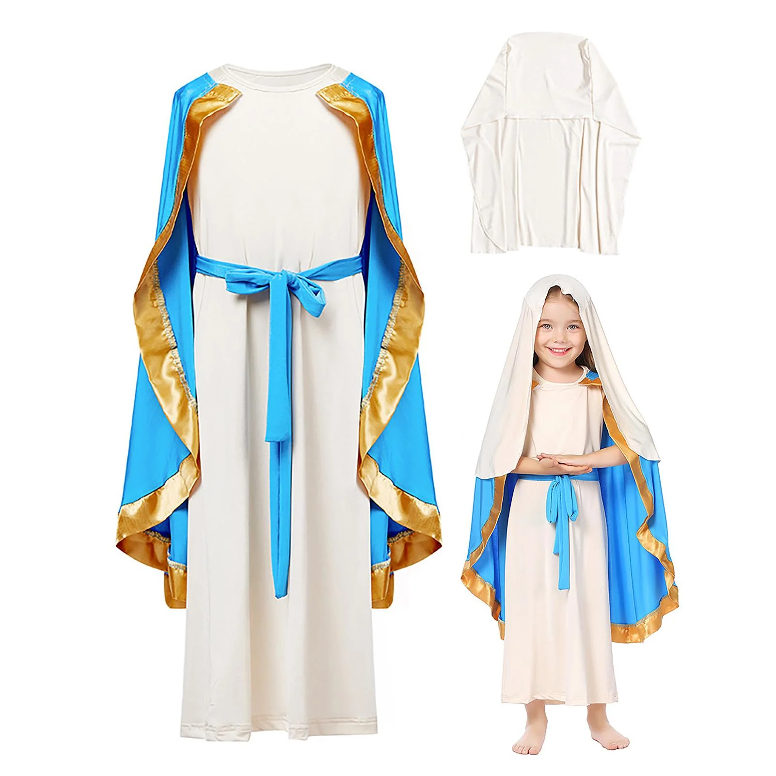 Virgin Mary Costume Girls Child Biblical Robe Costumes Delicate Shepherd Costume Halloween Cosplay Dress For Kids Girls