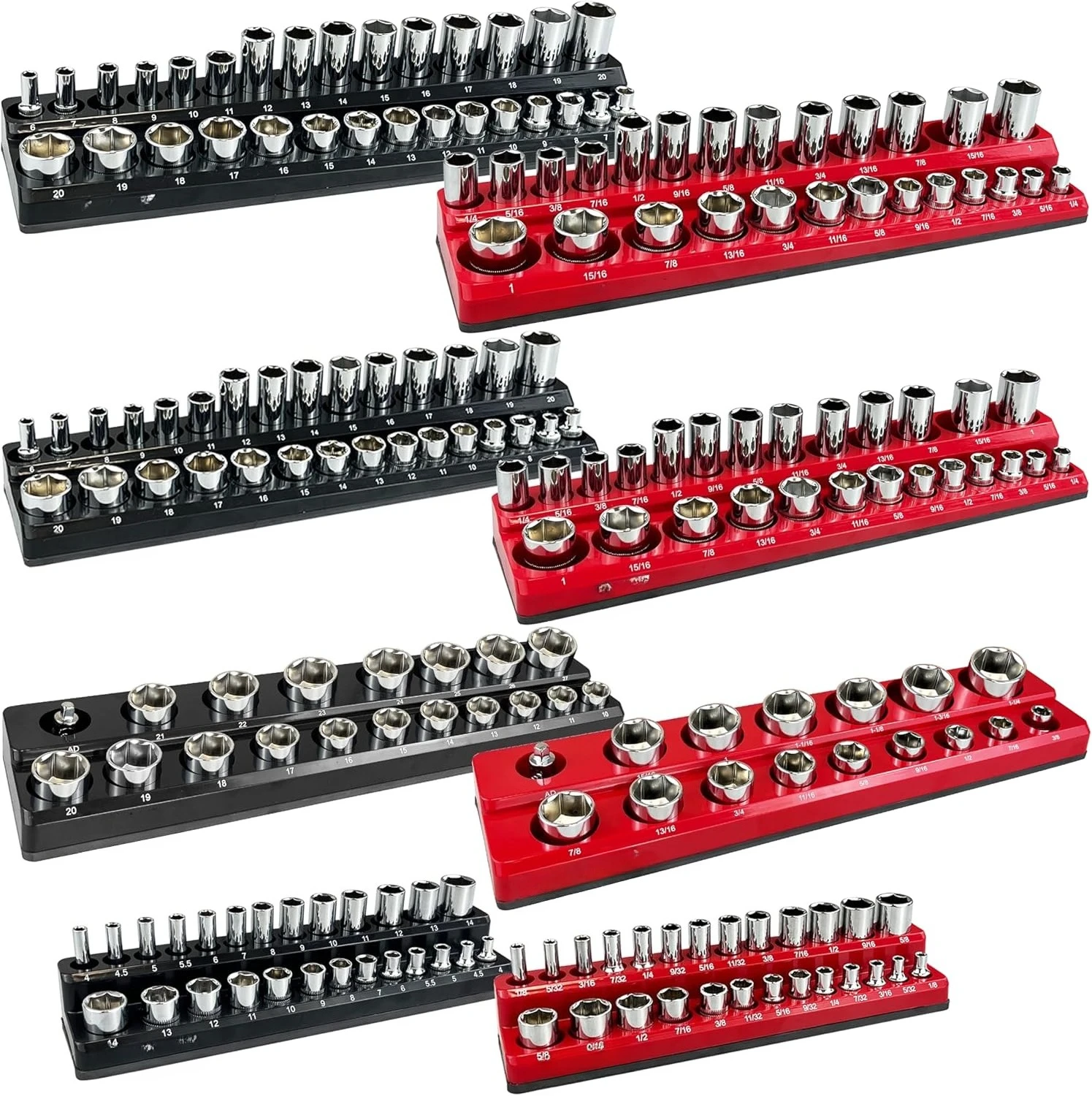 8個入りマグネット式ソケットオーガナイザーセット、1/2インチ、1/4インチ、3/8インチ SAE＆メートル法対応、ディープ＆シャローツールトレイホルダーキット、工場直販