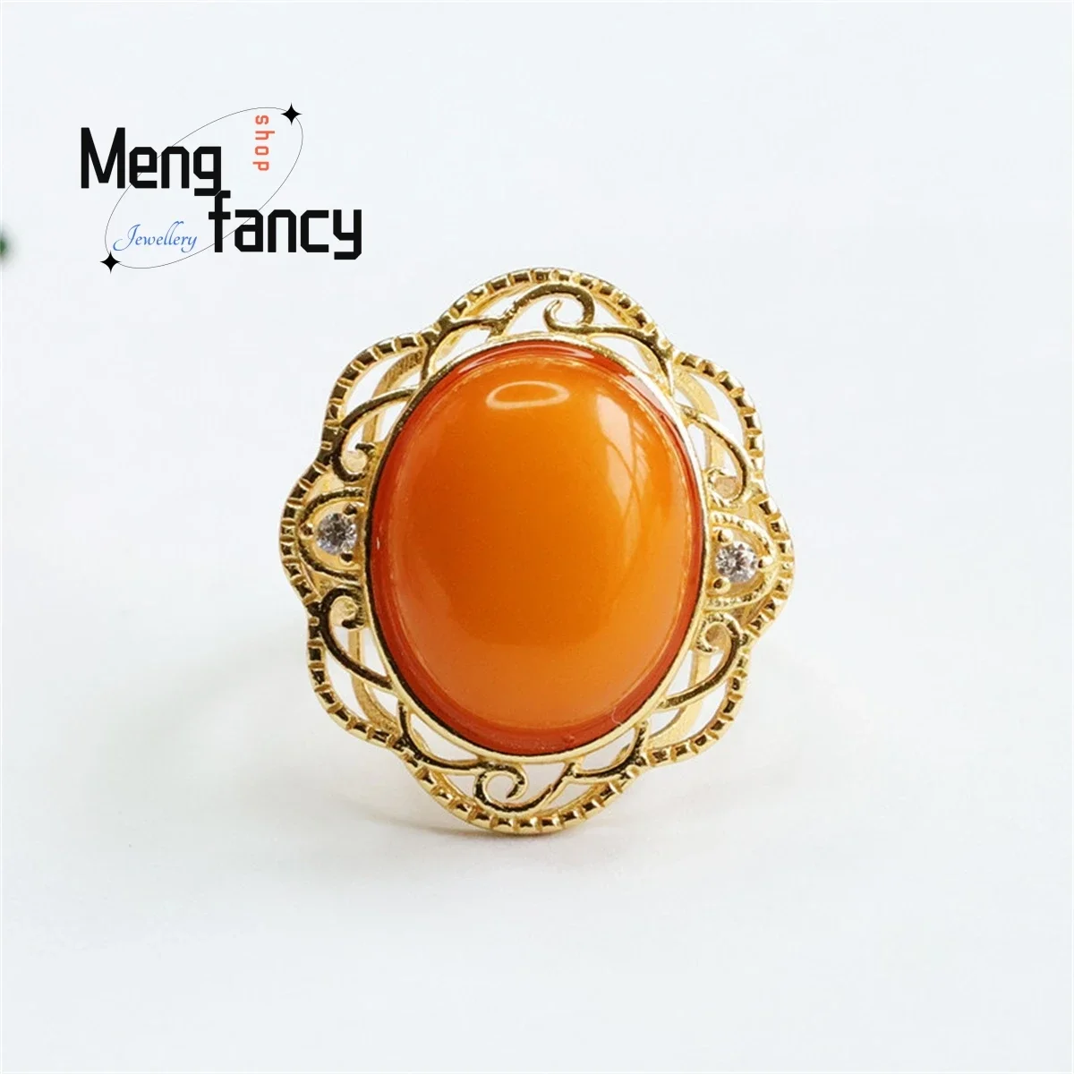 

Natural S925 Silver Inlaid Honey Wax Old Material Amber Pigeon Egg Ring Simple Elegant Personalized Fashion Versatile Jewelry