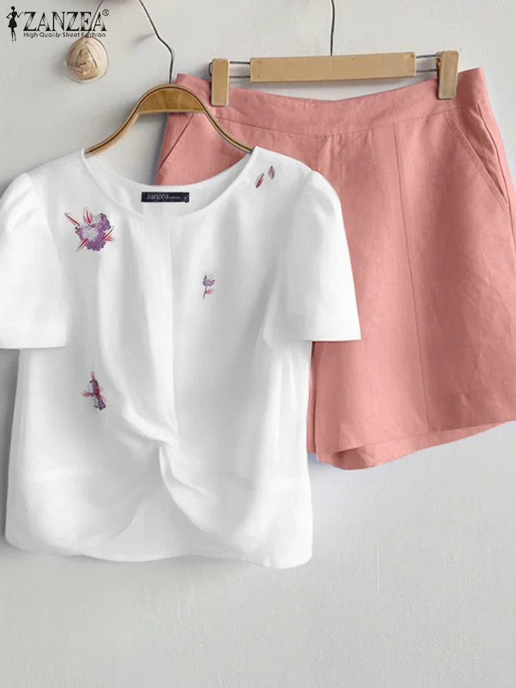 

2025 ZANZEA Shorts Sets Fashion Printed T Shirts Short Pants Women Loose Matching Sets Summer Solid Elastic Waist Suits 2PCS